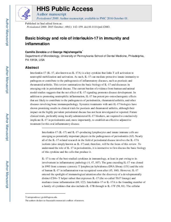 (PDF) Basic biology and role of interleukin-17 in immunity and inflammation