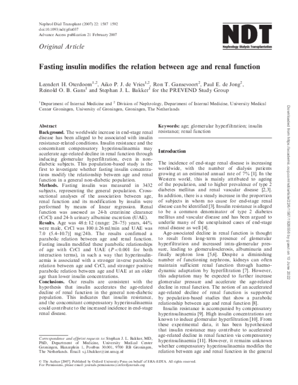 (PDF) Fasting insulin modifies the relation between age and renal function