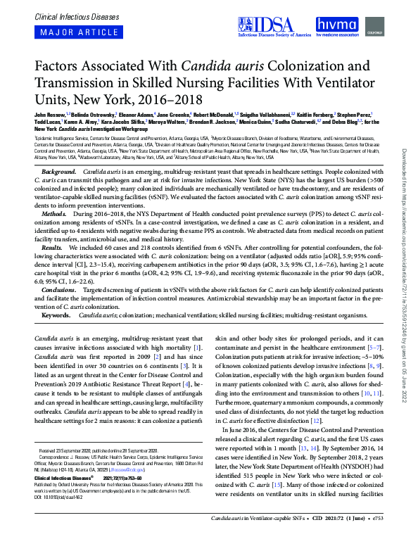 (PDF) Factors Associated With Candida auris Colonization and ...