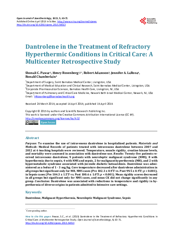 (PDF) Dantrolene in the Treatment of Refractory Hyperthermic Conditions ...