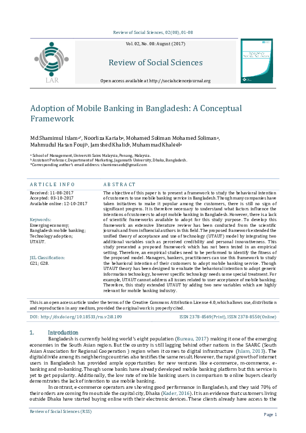 (PDF) Adoption of Mobile Banking in Bangladesh: A Conceptual Framework