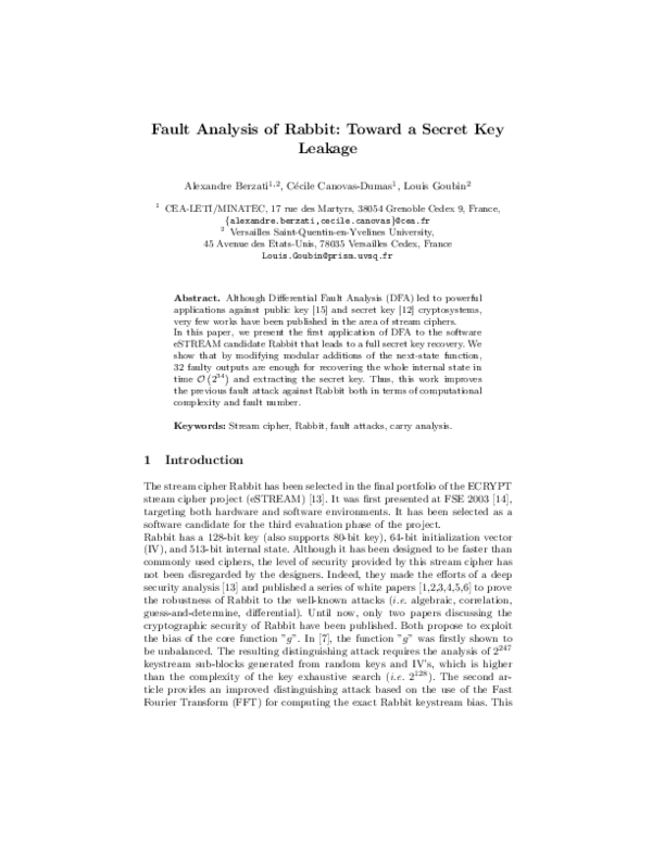 (PDF) Fault Analysis of Rabbit: Toward a Secret Key Leakage
