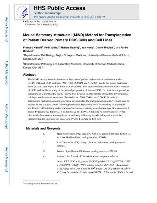 (PDF) Mouse Mammary Intraductal (MIND) Method for Transplantation of ...