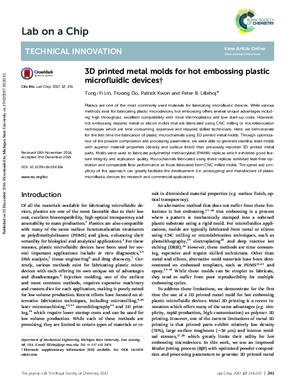 (PDF) 3D printed metal molds for hot embossing plastic microfluidic devices Truong Do