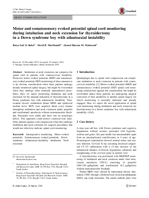 (PDF) Motor and somatosensory evoked potential spinal cord monitoring ...