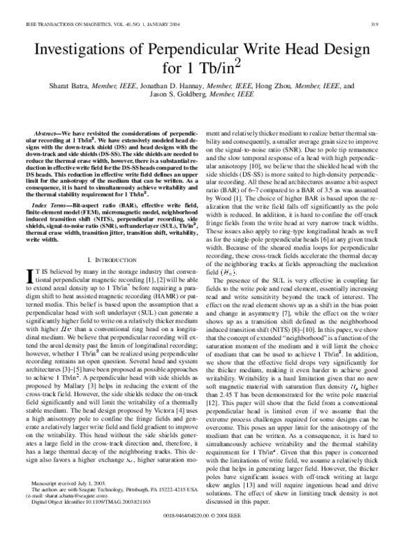 (PDF) Investigations of Perpendicular Write Head Design for 1>tex /tex