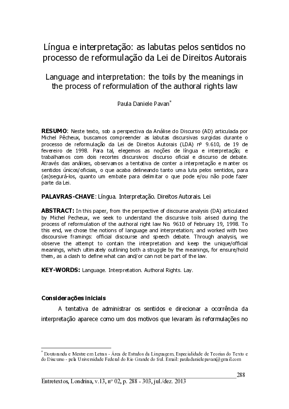 (PDF) Língua e interpretação: as labutas pelos sentidos no processo de ...