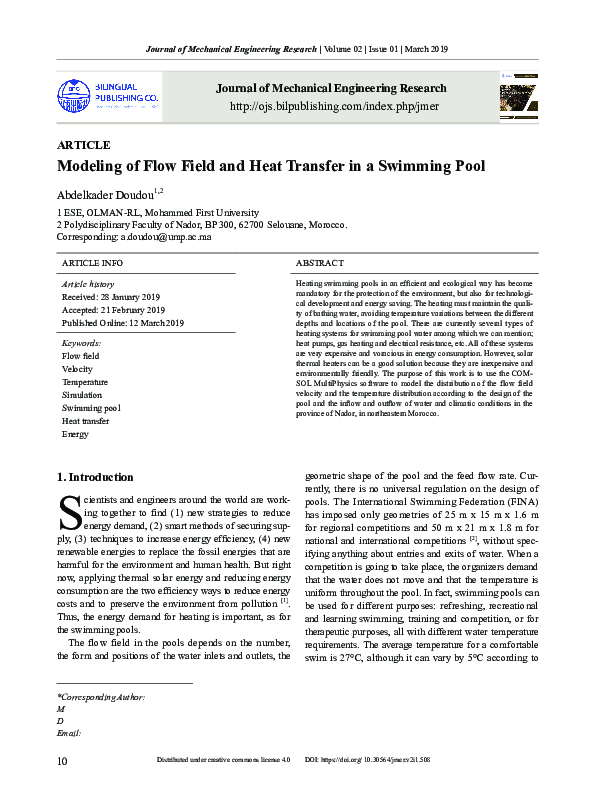 (PDF) Modeling of flow field and heat transfer in a swimming pool