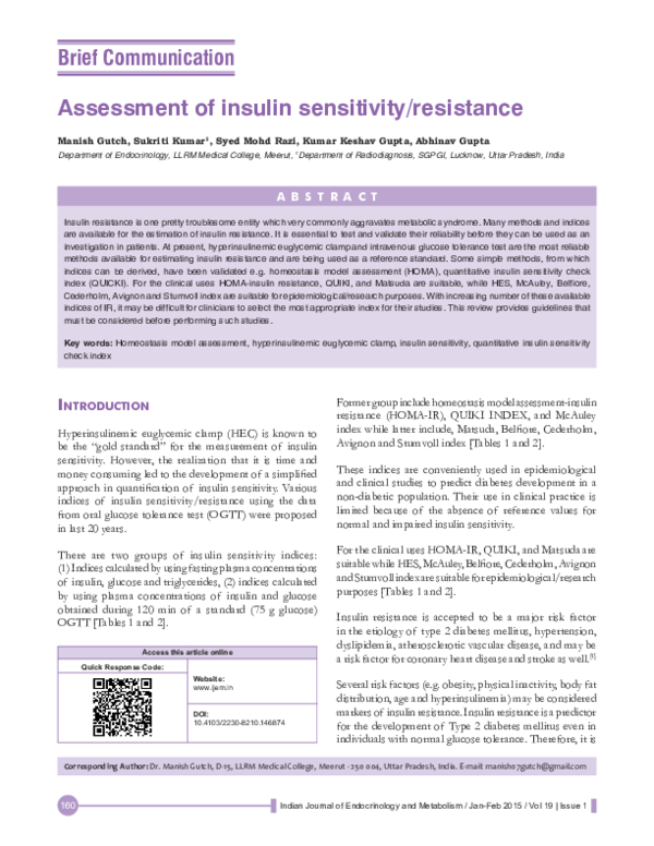 (PDF) Assessment of insulin sensitivity/resistance