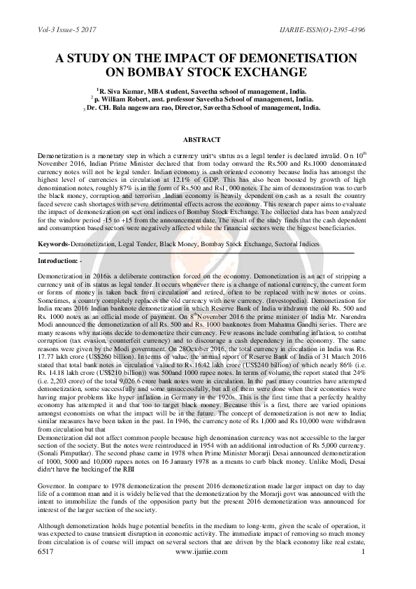 (PDF) A study on the impact of demonetization on Bombay stock exchange