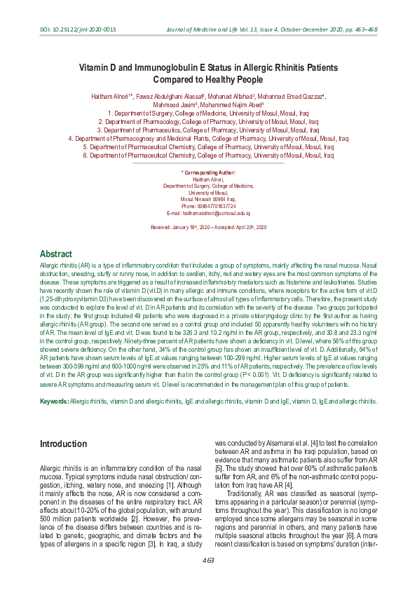 (PDF) Vitamin D and Immunoglobulin E Status in Allergic Rhinitis