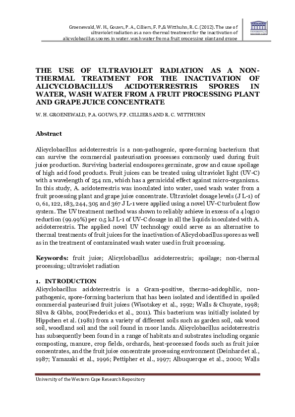 (PDF) The Use of Ultraviolet Radiation as a Nonthermal Treatment for ...