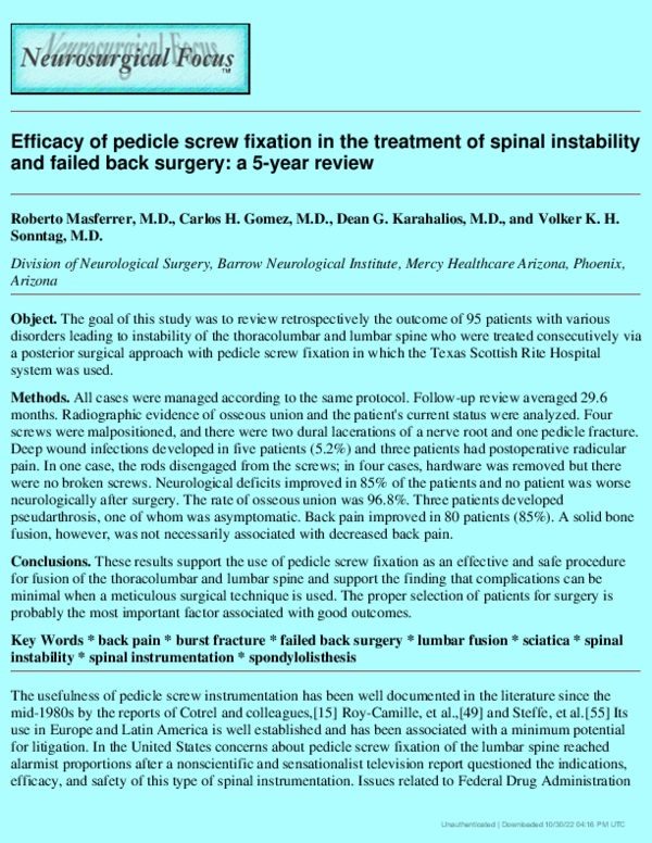 (PDF) Efficacy of pedicle screw fixation in the treatment of spinal ...