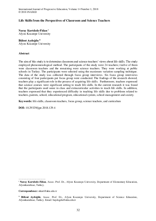 (PDF) Life Skills from the Perspectives of Classroom and Science Teachers