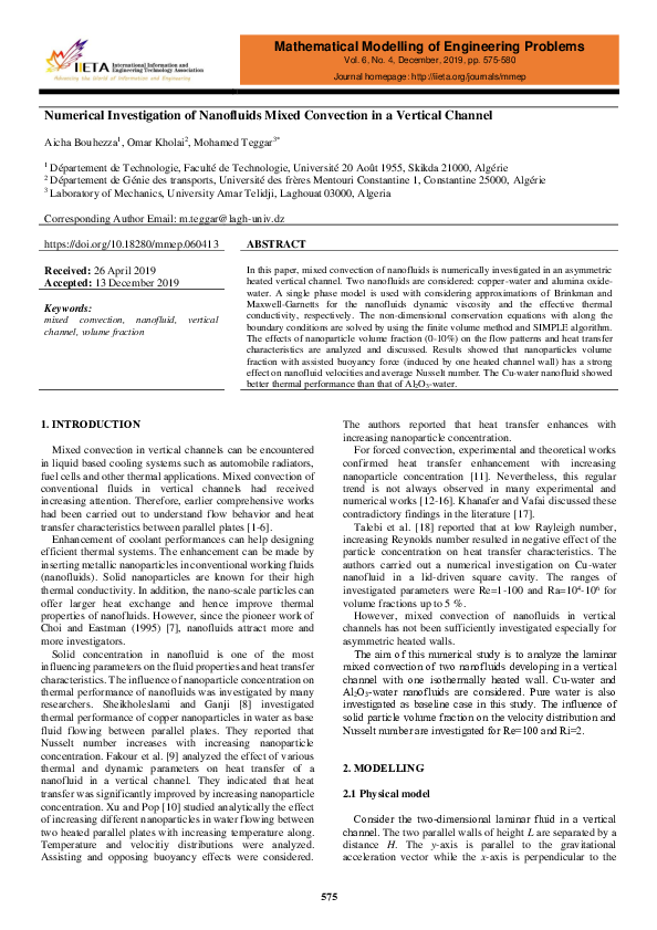 (PDF) Numerical Investigation of Nanofluids Mixed Convection in a ...