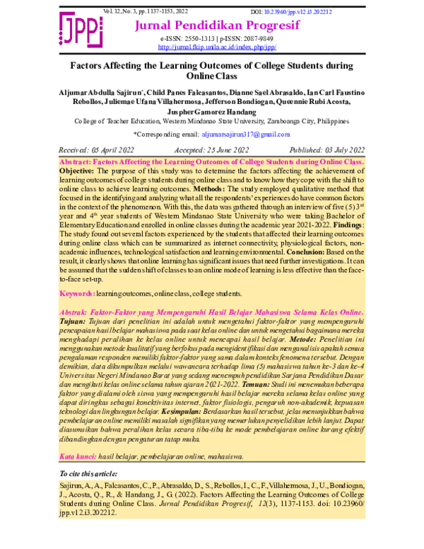 (PDF) Factors Affecting the Learning Outcomes of College Students ...