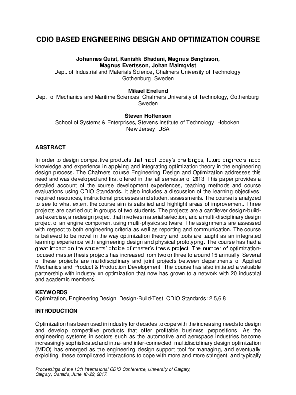 (PDF) CDIO Based Engineering Design and Optimization Course | Mikael ...