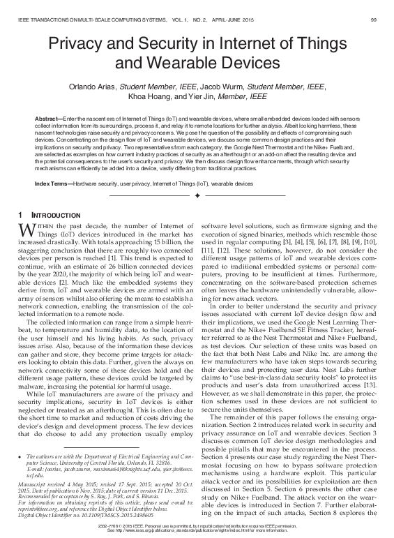 (PDF) Privacy and Security in Internet of Things and Wearable Devices