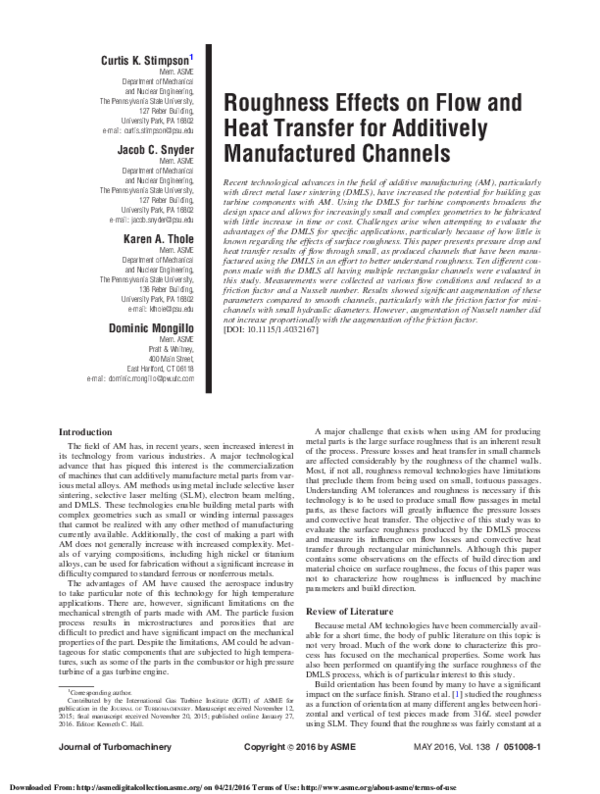 (PDF) Roughness Effects on Flow and Heat Transfer for Additively ...