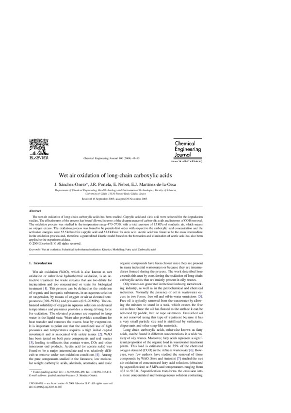 Pdf Wet Air Oxidation Of Long Chain Carboxylic Acids