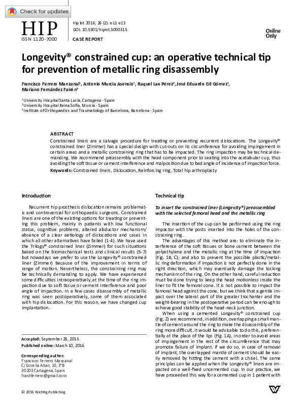 (PDF) Longevity® constrained cup: an operative technical tip for ...
