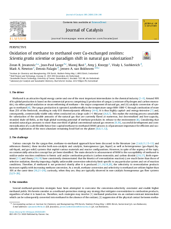 (PDF) Oxidation of methane to methanol over Cu-exchanged zeolites ...