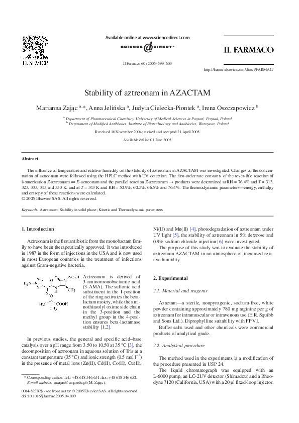 (PDF) Stability of aztreonam in AZACTAM