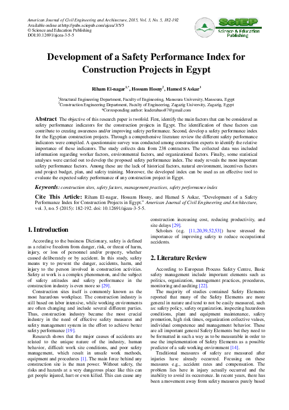 (PDF) Development of a Safety Performance Index for Construction ...