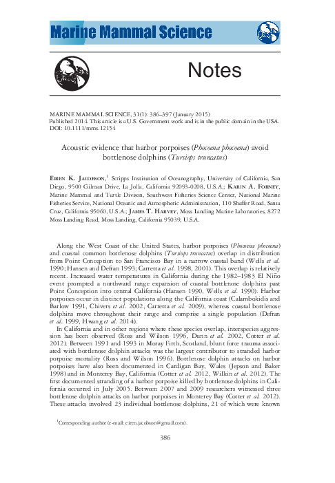 (PDF) Acoustic evidence that harbor porpoises ( Phocoena phocoena ...