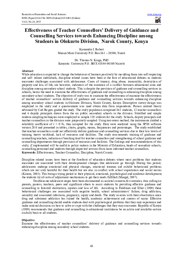(PDF) Effectiveness of Teacher Counsellors' Delivery of Guidance and ...