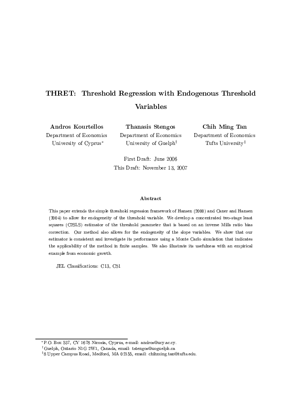 (PDF) 2009, THRET: Threshold Regression with Endogenous Threshold Variables