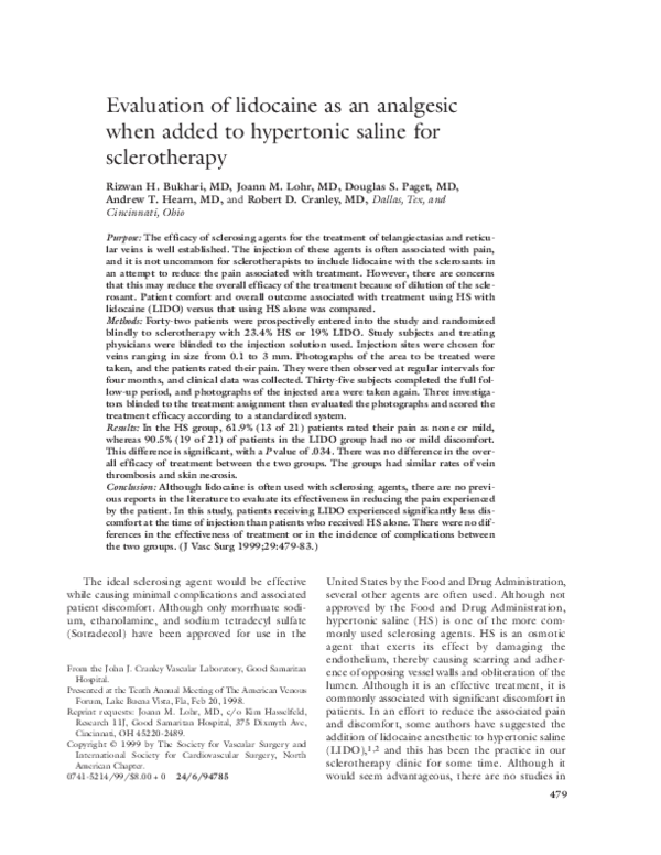 (PDF) Evaluation of lidocaine as an analgesic when added to hypertonic