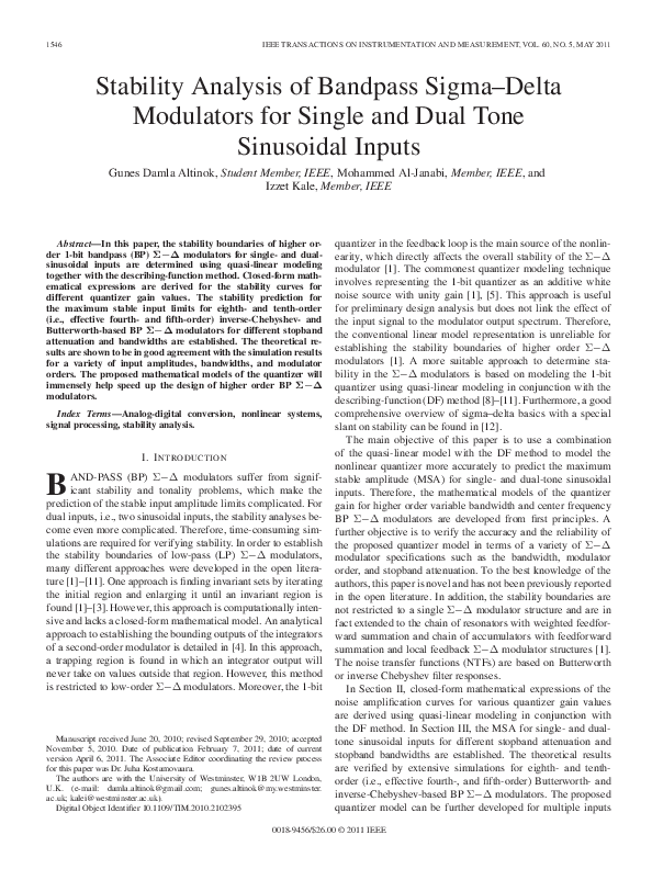 (PDF) Stability Analysis of Bandpass Sigma–Delta Modulators for Single ...