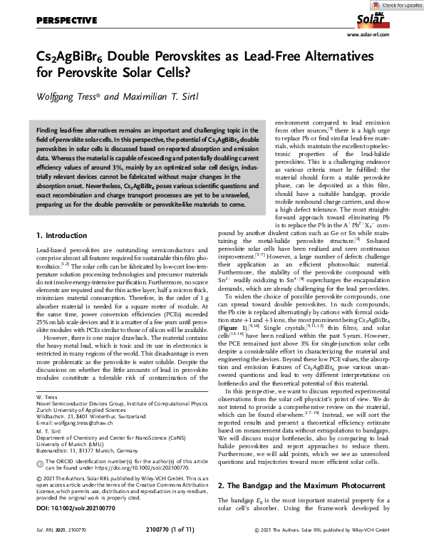 (PDF) Cs 2 AgBiBr 6 Double Perovskites as Lead‐Free Alternatives for ...