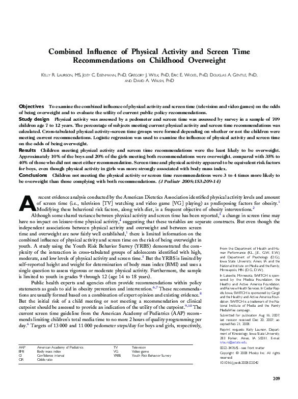 (PDF) Combined Influence of Physical Activity and Screen Time ...