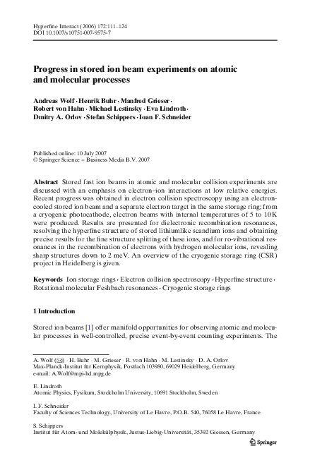 (PDF) Progress in stored ion beam experiments on atomic and molecular ...