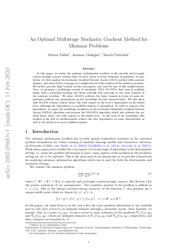 (PDF) An Optimal Multistage Stochastic Gradient Method for Minimax Problems