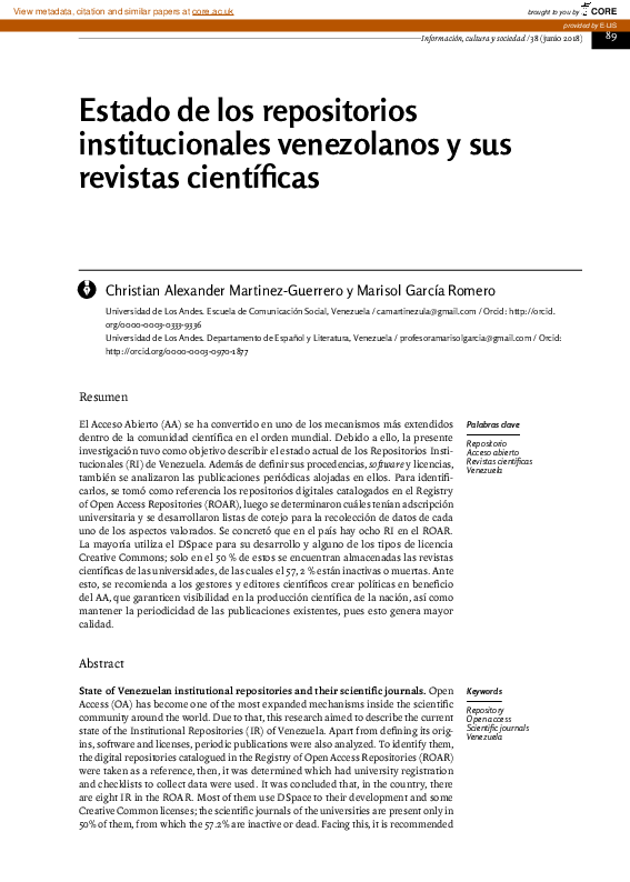 Pdf Estado De Los Repositorios Institucionales Venezolanos Y Sus