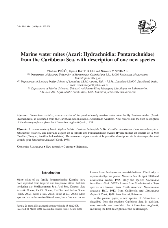 (PDF) Marine water mites (Acari: Hydrachnidia: Pontarachnidae) from the ...