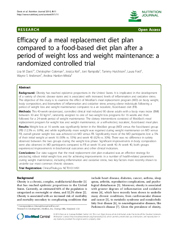 (PDF) Efficacy of a meal replacement diet plan compared to a food-based ...