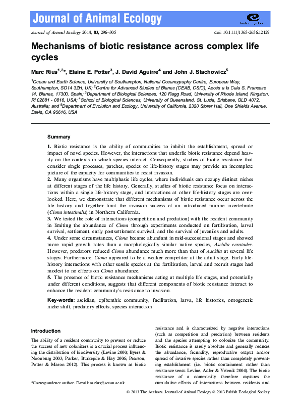 (PDF) Mechanisms of biotic resistance across complex life cycles