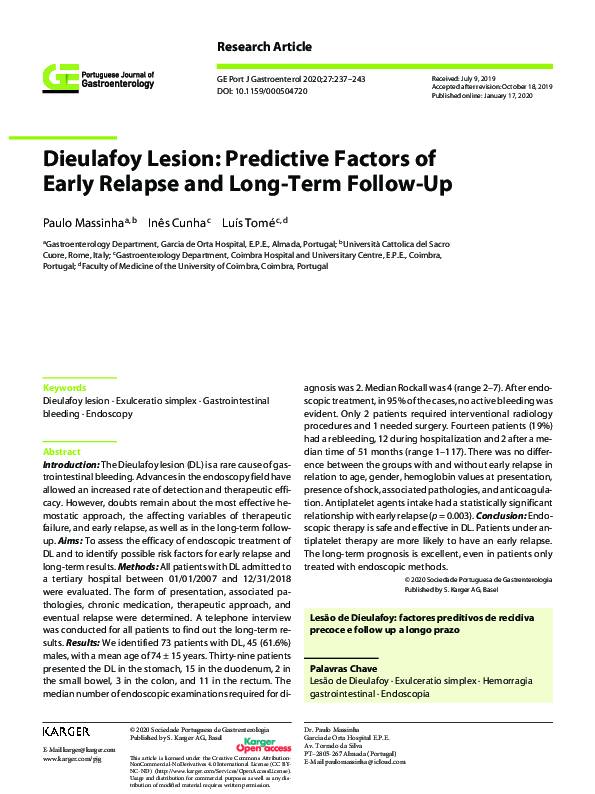 (PDF) Dieulafoy Lesion: Predictive Factors of Early Relapse and Long ...
