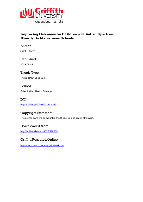(PDF) Improving Outcomes for Children with Autism Spectrum Disorder in ...