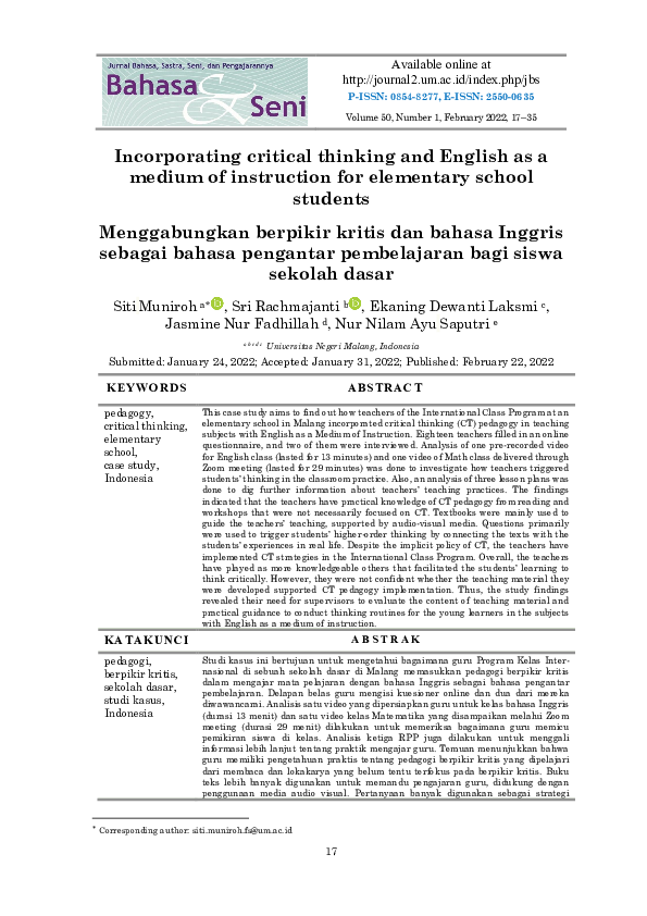 (PDF) Incorporating critical thinking and English as a medium of ...
