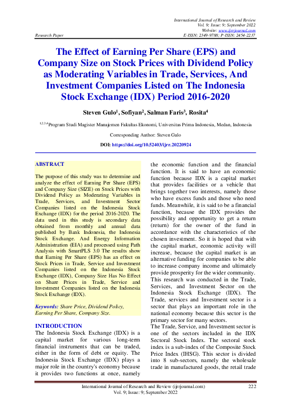 (PDF) The Effect of Earning Per Share (EPS) and Company Size on Stock ...