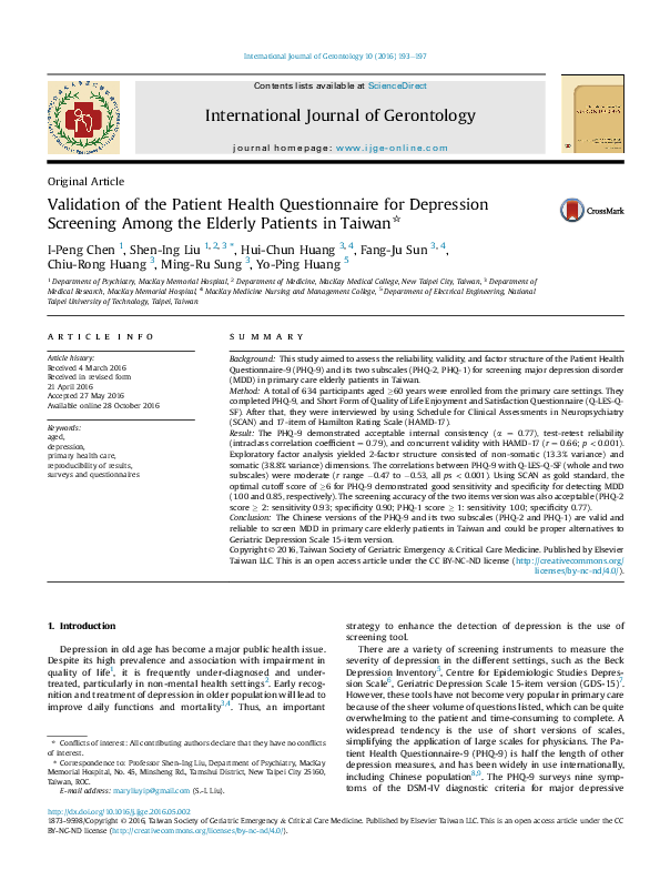 (PDF) Validation of the Patient Health Questionnaire for Depression ...