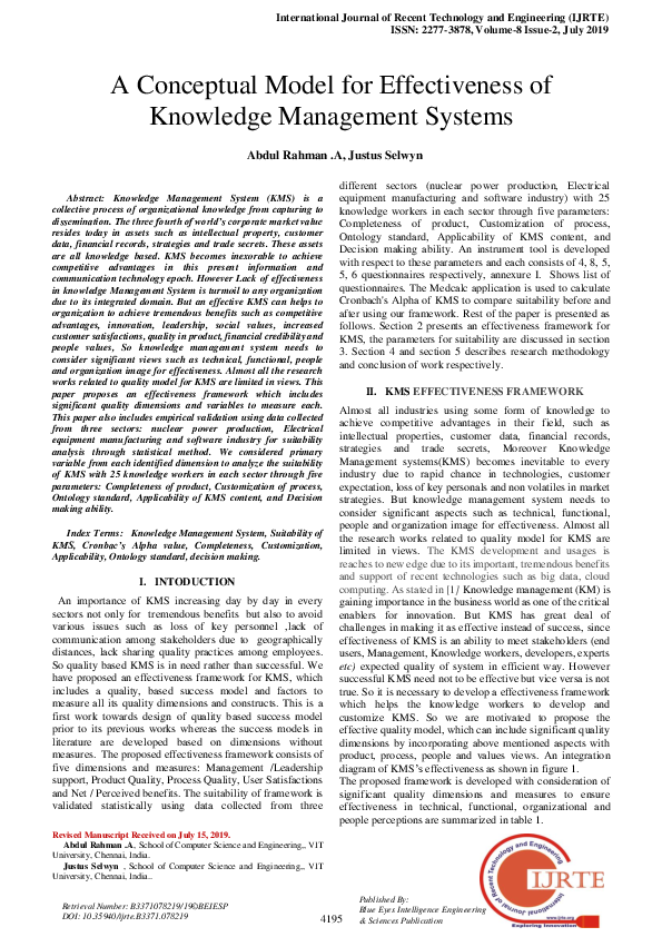 (PDF) A Conceptual Model for Effectiveness of Knowledge Management Systems