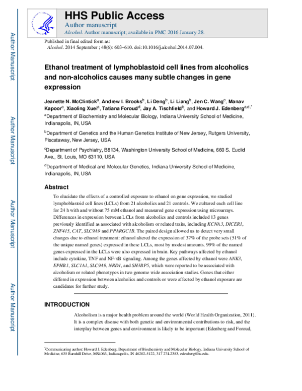 (PDF) Ethanol treatment of lymphoblastoid cell lines from alcoholics ...