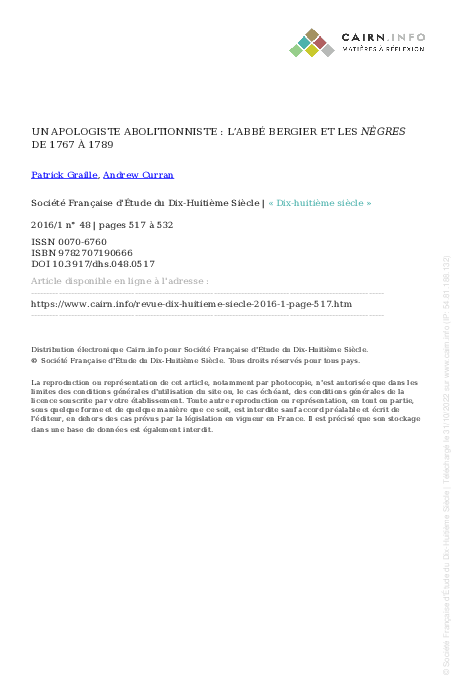 (PDF) Un apologiste abolitionniste : l’abbé Bergier et lesnègresde 1767 ...