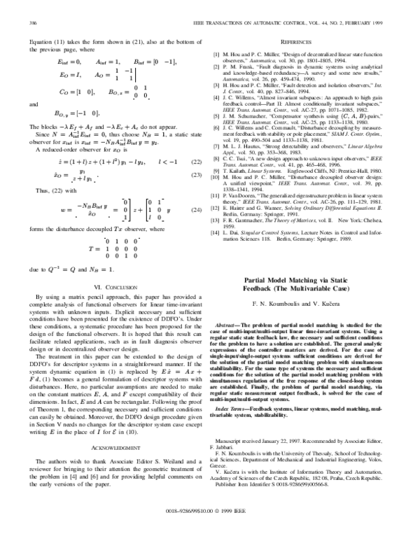 (PDF) Partial model matching via static feedback (the multivariable case)